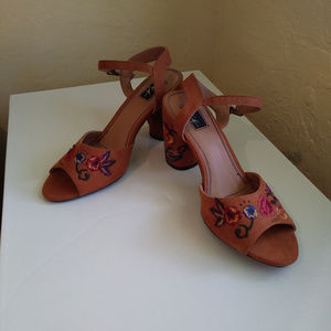 Mari A. "Wesley" Embroidered Faux Suede Heels